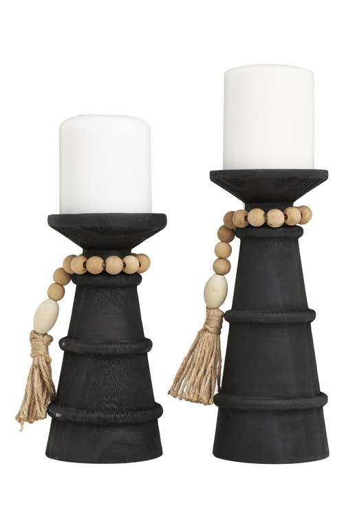 Willow Row Set Of 2 Wood Pillar Candle Holders In Black