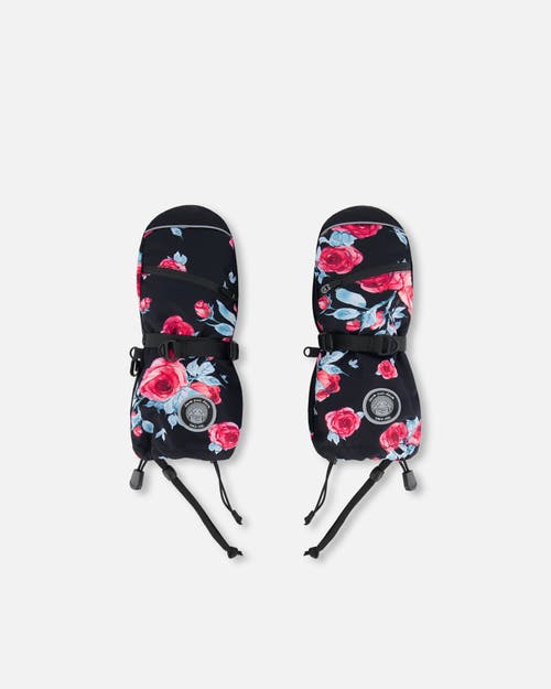 Shop Deux Par Deux Girl's Technical Mittens Black Printed Roses