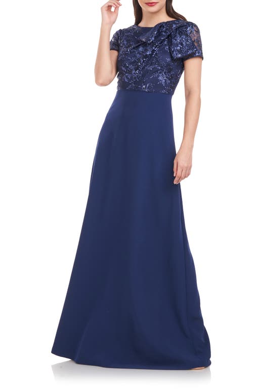 JS Collections Rae Floral Embroidered Bow Detail A-Line Gown in Navy