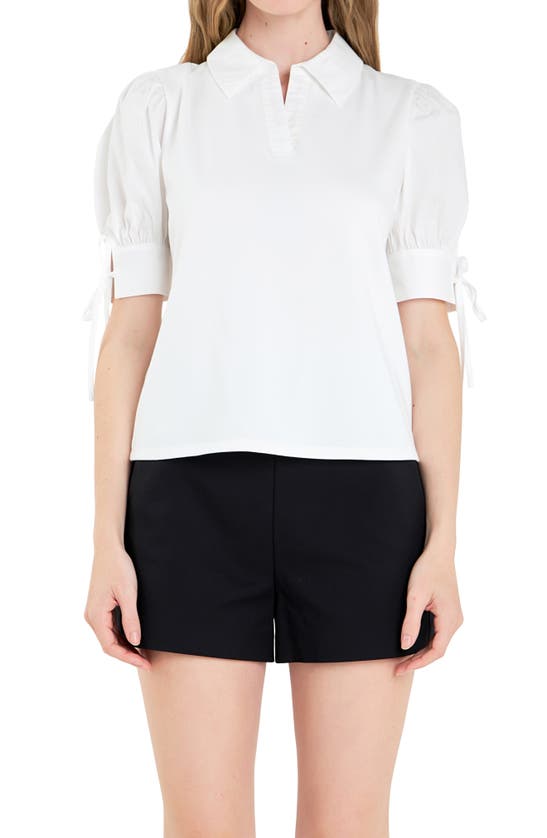 English Factory Mixed Media Puff Sleeve Top In Off White