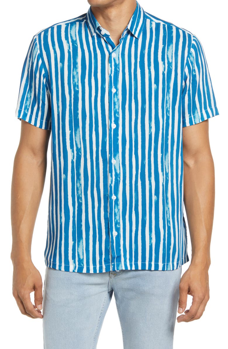 TOPMAN Watercolor Stripe Short Sleeve Button-Up Shirt, Main, color, BLUE