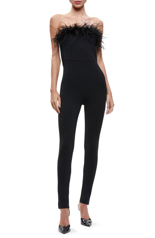 Alice + Olivia Idell Strapless Feather Trim Jumpsuit in Black
