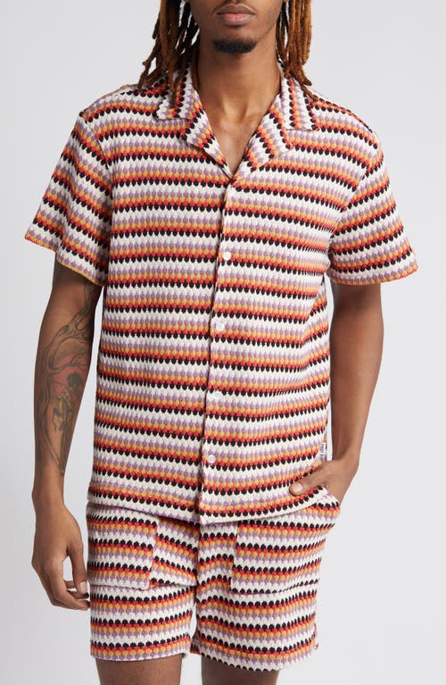 Stripe Pointelle Short Sleeve Knit Button-Up Shirt in White Multi