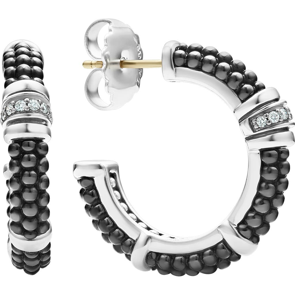 Shop Lagos Black Caviar Diamond Hoop Earrings In Silver/black Ceramic/diamond
