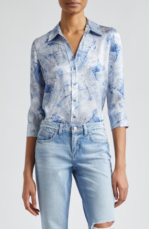 L Agence L'agence Dani Denim Print Silk Button-up Shirt In Blue