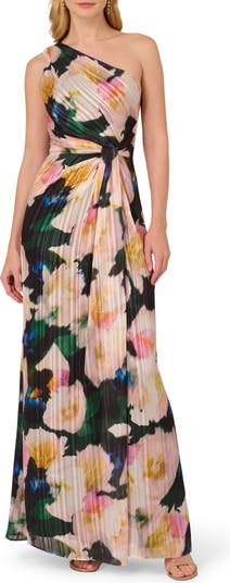 Pleated Floral One Shoulder Chiffon Gown