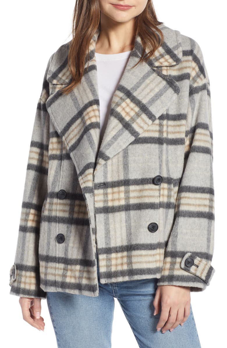 SOMETHING NAVY Double Breasted Crop Jacket, Main, color, GREY LIGHT HEATHER PLAID