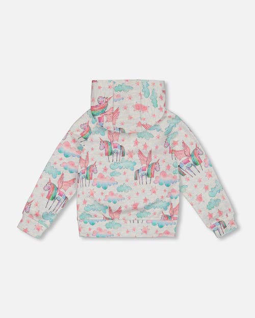 Shop Deux Par Deux Girl's Printed Shiny French Terry Hoodie Gray Mix Printed Unicorn In Printed Angel Unicorns