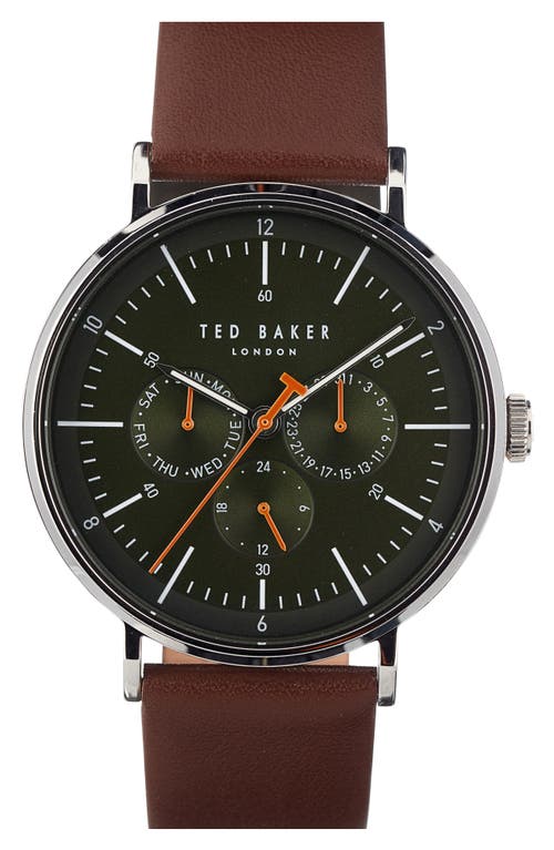 Shop Ted Baker London Timeless Leather Strap Watch, 20mm In Silver/green/brown