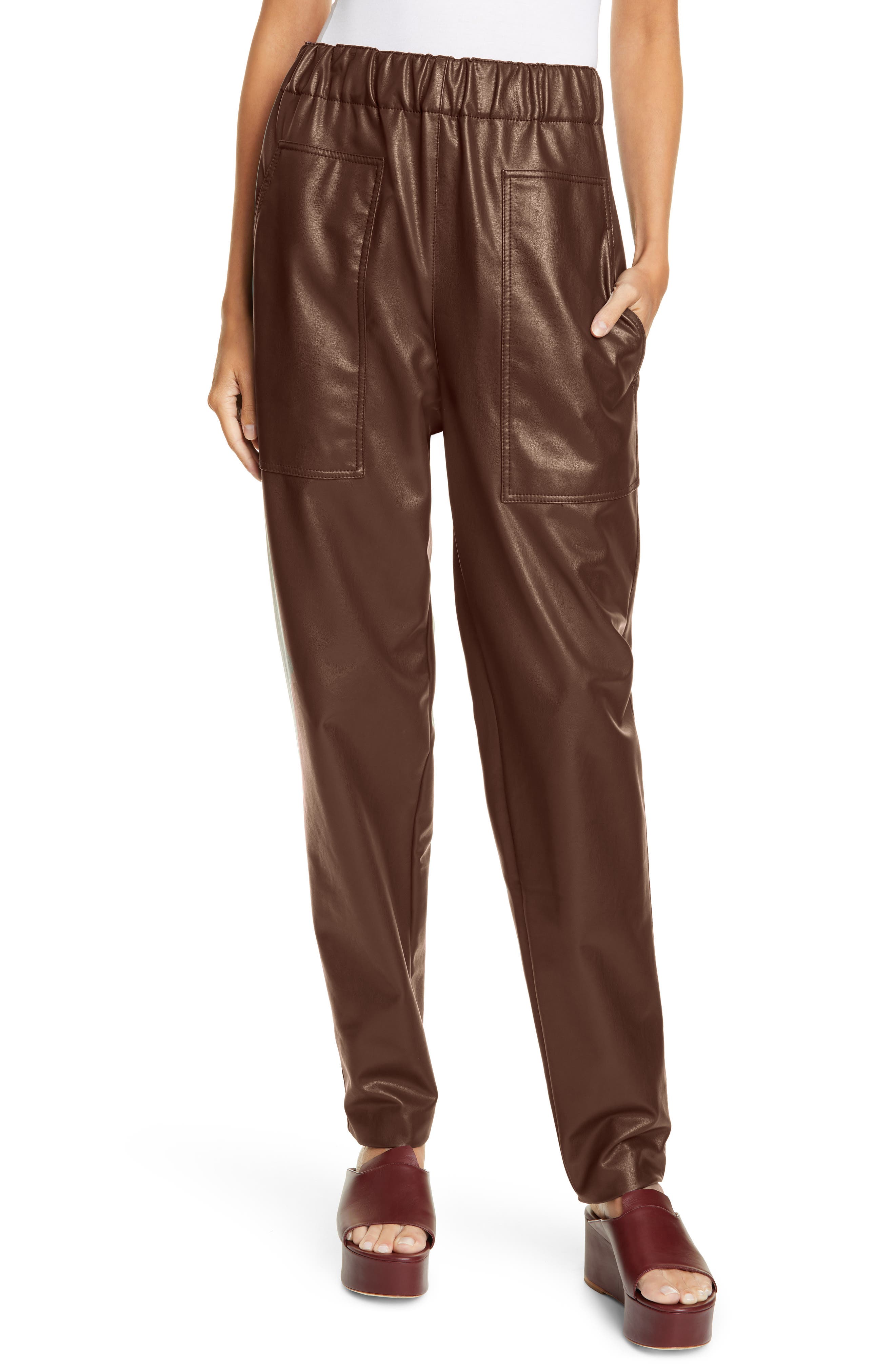 Tibi Faux Leather Pull-on Pants In Brown