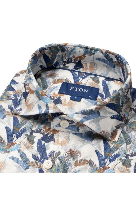 Shop Eton Palm Leaf Print Short Sleeve Linen Button-up Shirt In Medium Blue