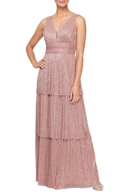 Metallic Sleeveless Tiered Gown in Rose Gold
