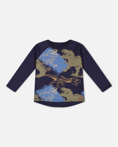 Shop Deux Par Deux Little Boy's Raglan T-shirt With Dinosaure Print Navy In Peacoat