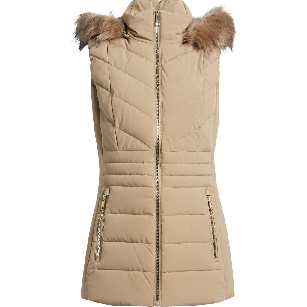 Michael Michael Kors Faux Fur Trim Quilted Vest In Taupe