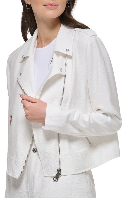 Shop Dkny Crinkle Moto Jacket In White