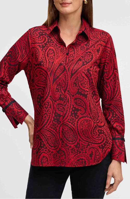 Foxcroft Iris Paisley Cotton Blend Button-Up Shirt in Black/Red 