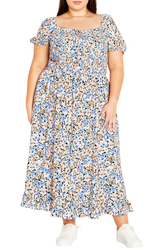 City Chic Emilee Floral Smocked Maxi Dress In Multi