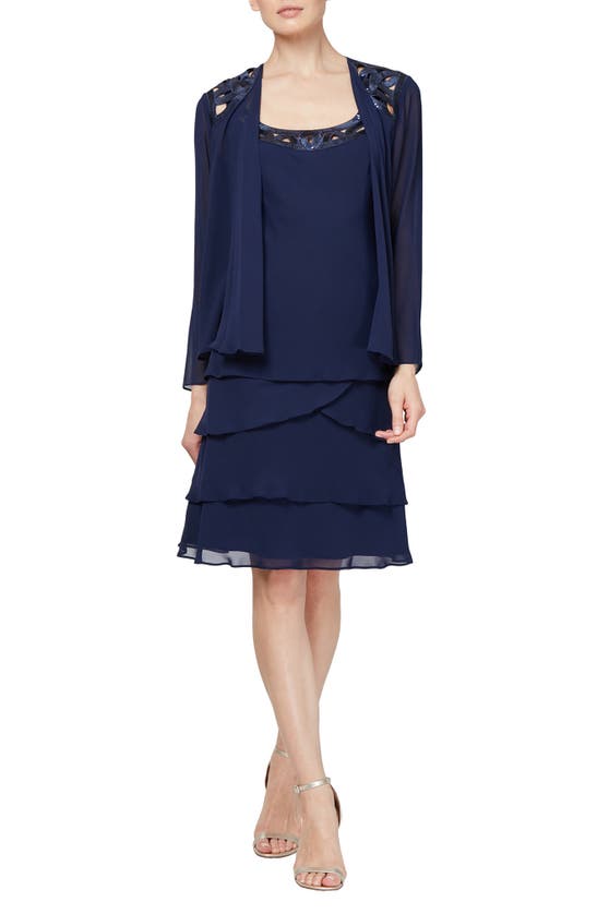 Slny 3/4 Sleeve Sequin Dress & Jacket Set In Sapphire
