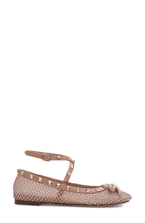 Shop Valentino Garavani Rockstud Crystal Mesh Ankle Strap Ballet Flat In Silk/rose Cannelle