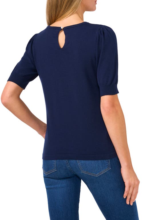 Cece Short Sleeve Crew Neck With Pearl Button Sweater In Classic Navy Blue