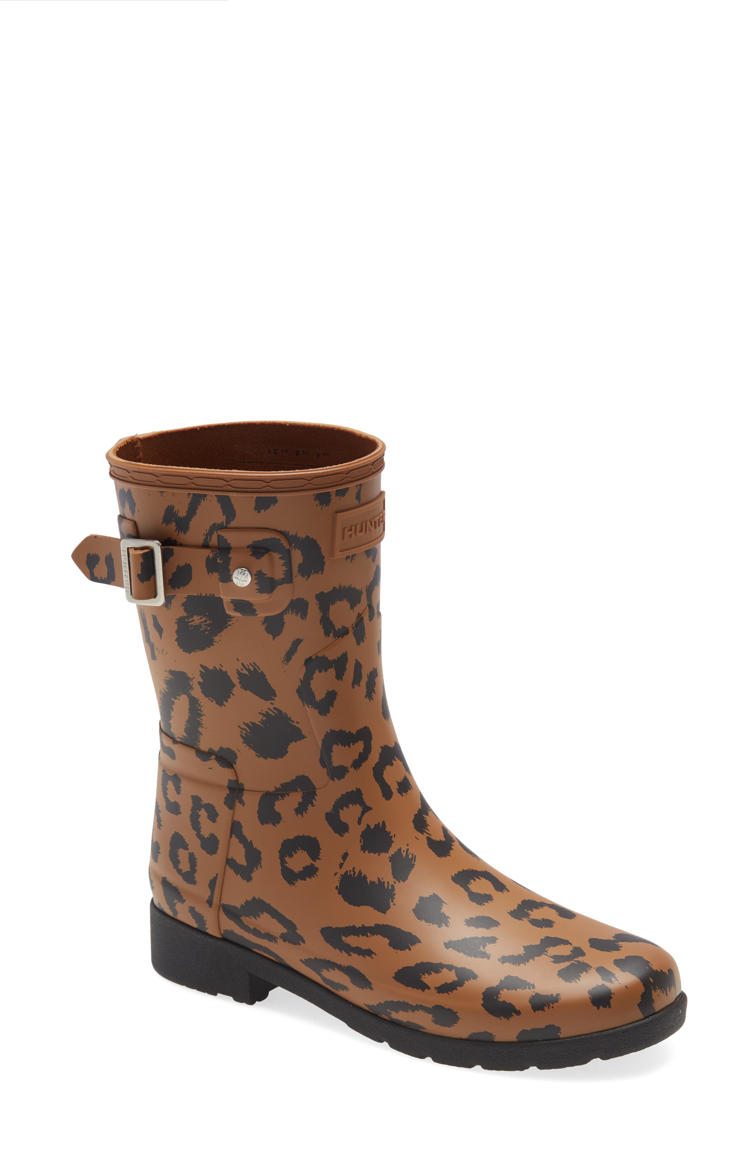 Hunter Original Leopard Print Refined Short Rain Boot In Thicket/ Black Rubber