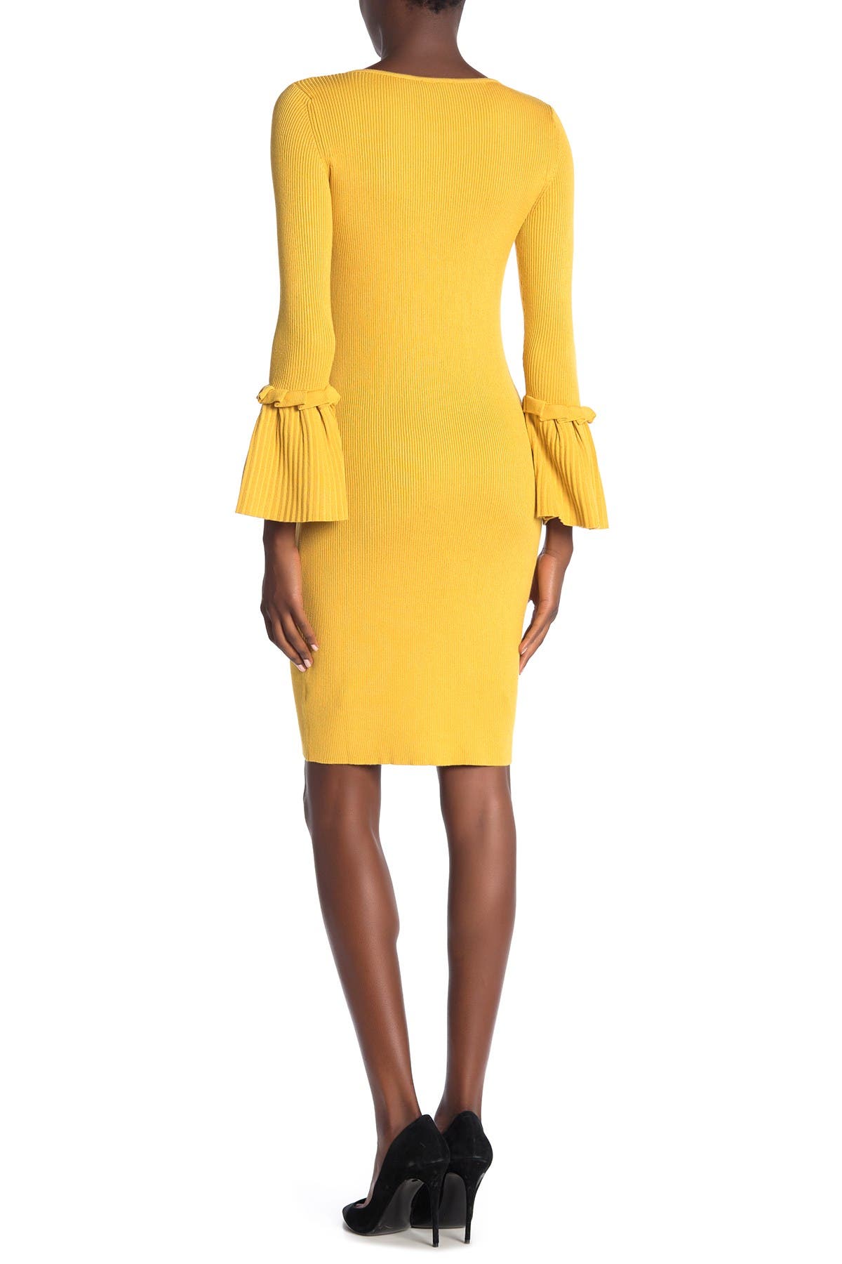Nina Leonard Ribbed Knit Bell Sleeve Sweater Dress In Medium Yellow