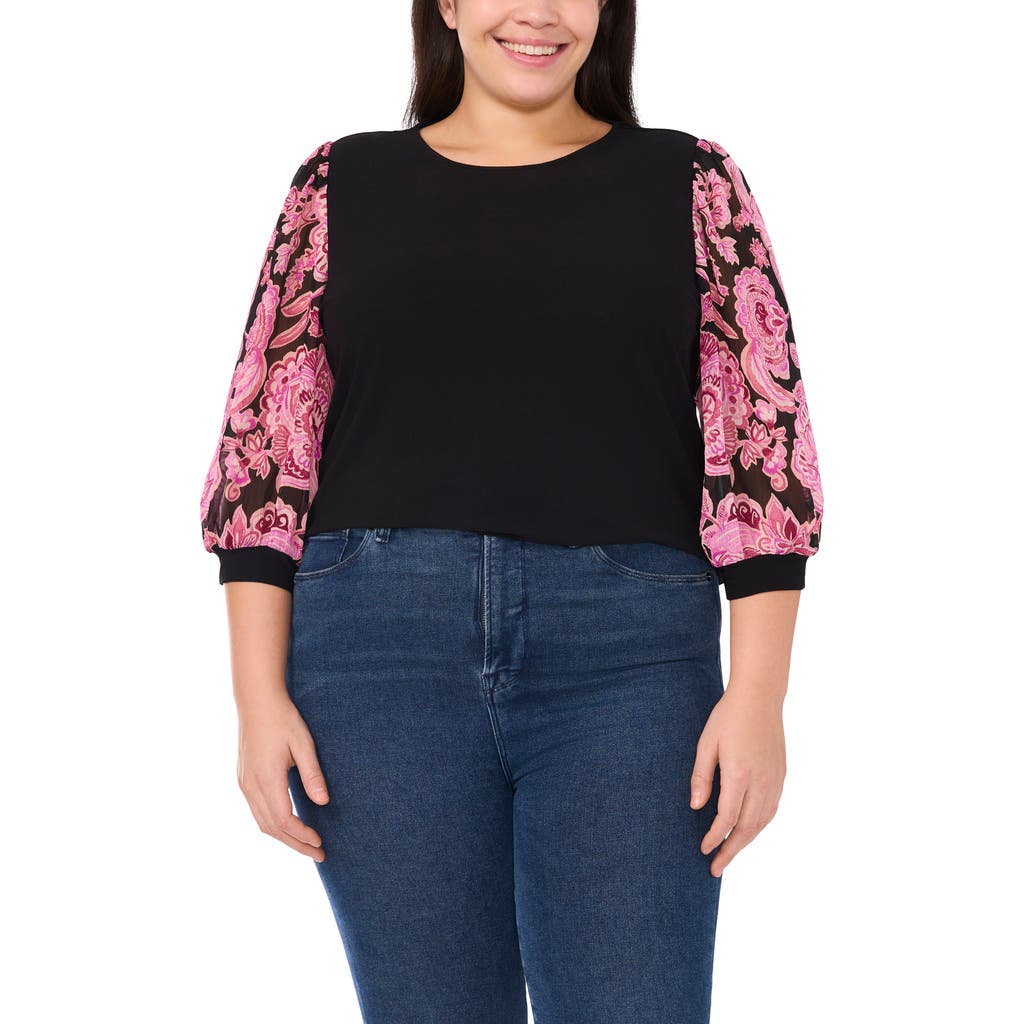Cece Mixed Media Crepe Top In Rich Black