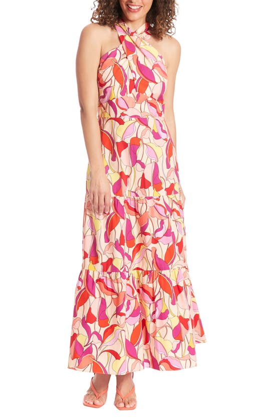 London Times Floral Print Halter Neck Cotton Poplin A-line Dress In Peach Multi