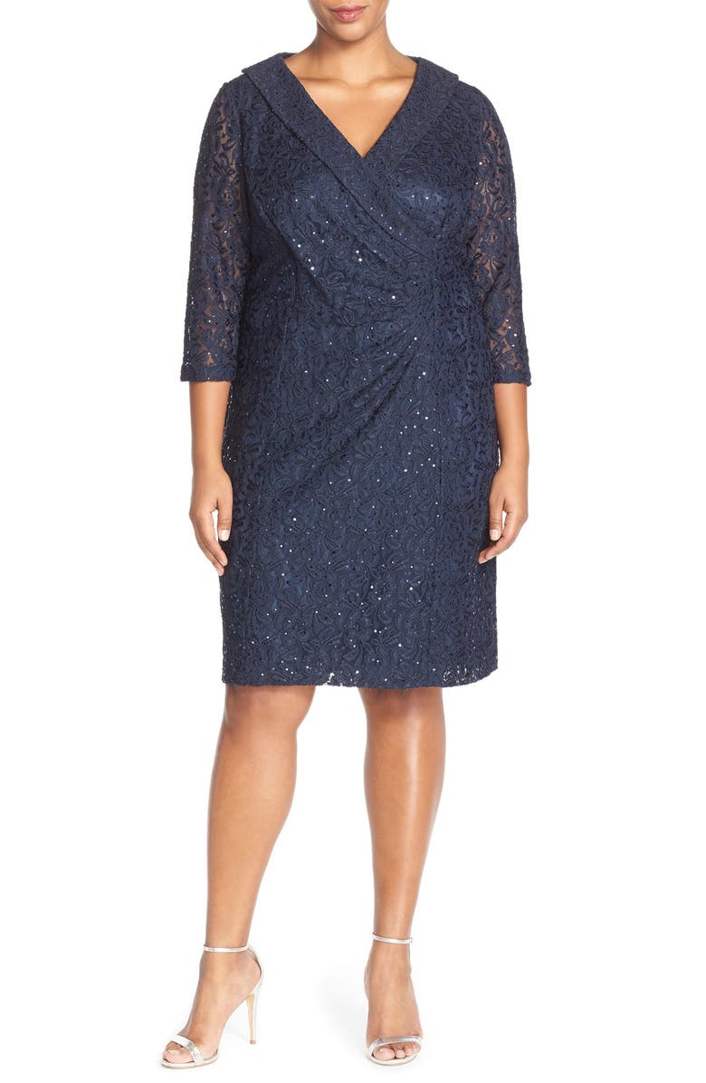 Tahari Sequin Stretch Lace Faux Wrap Dress (Plus Size) | Nordstrom