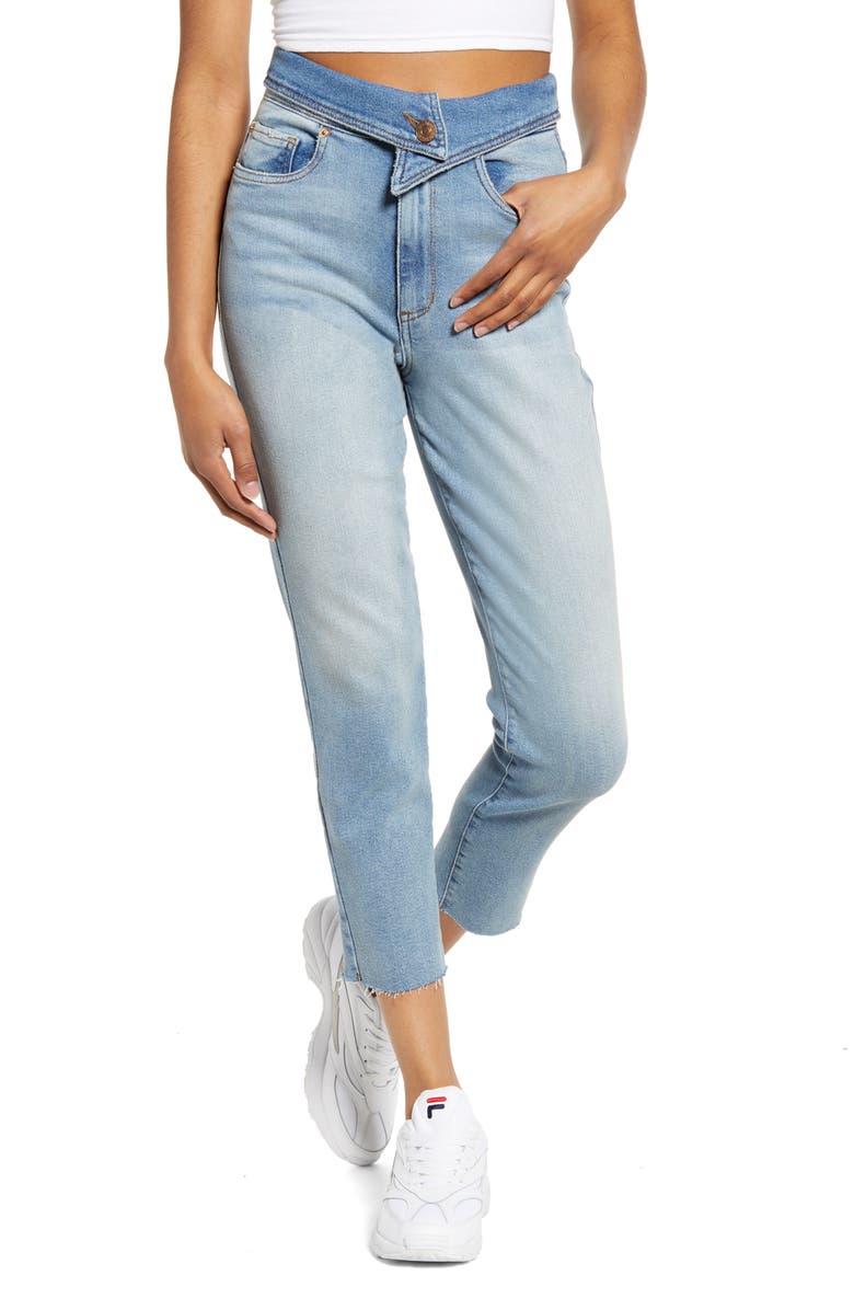 Alicia Foldover Waist Crop Mom Jeans, Main, color, CARAWAY