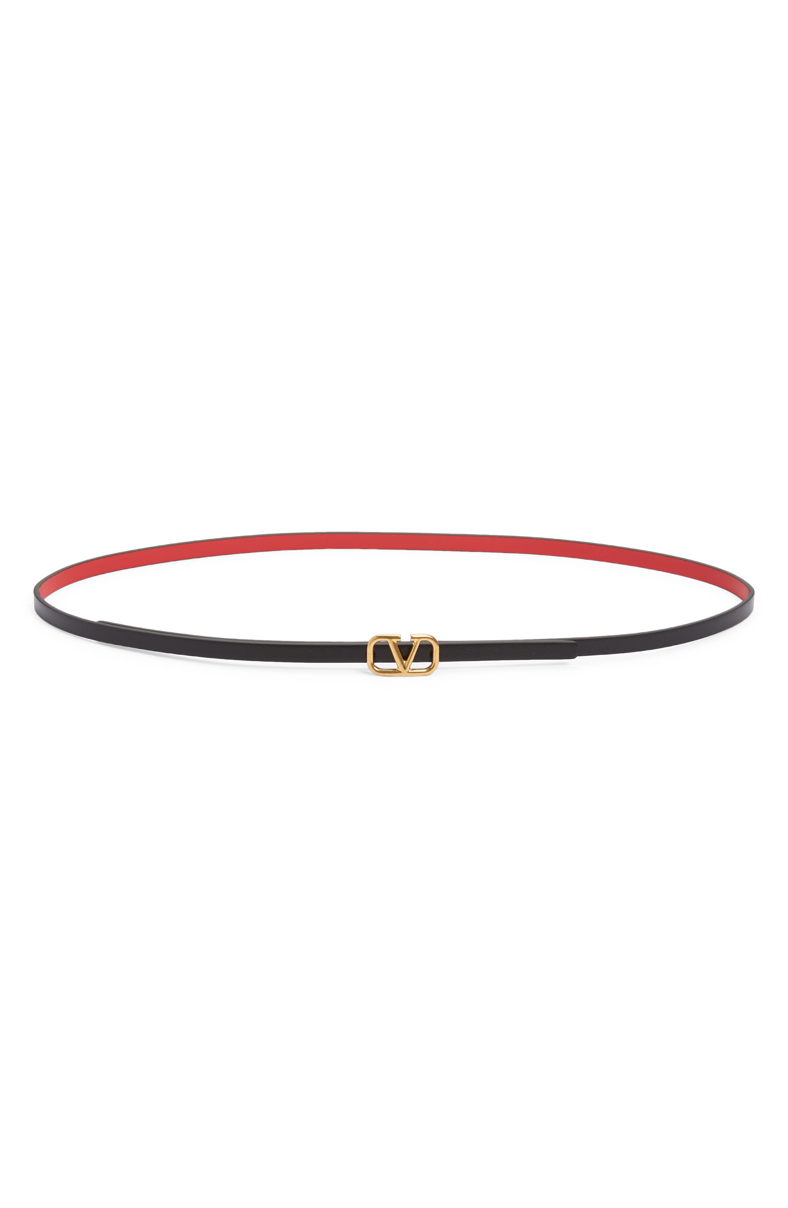 Valentino Vlogo Buckle Reversible Skinny Leather Belt Black/ Red