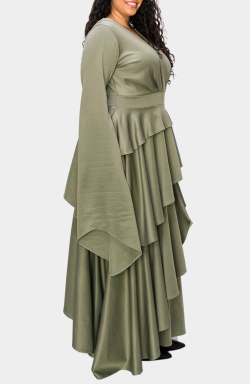 L I V D Zeta Ruffled Long Sleeve Drama Dress In Dk Sage