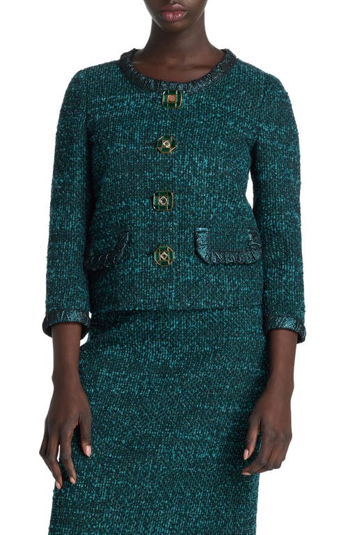 St John Metallic-trim Jewel-button Italian Slub Tweed Jacket In Dark Teal/black Multi