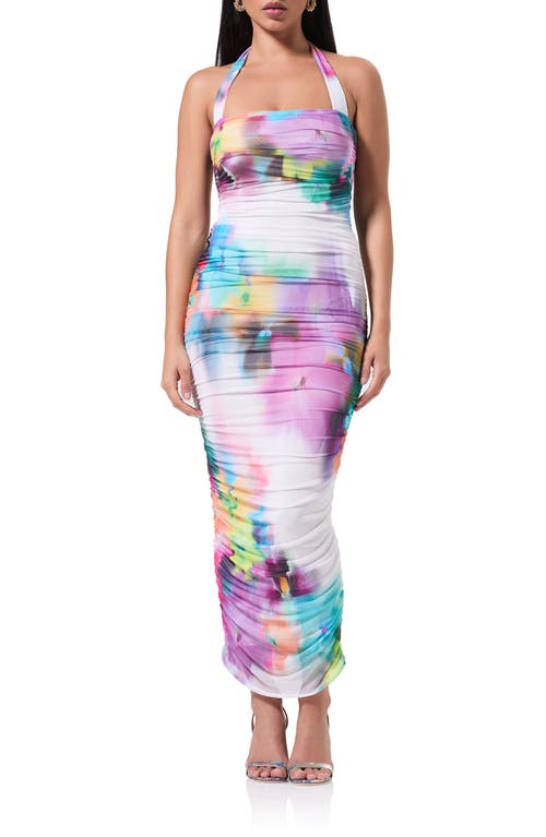 Shop Afrm Indina Floral Ruched Mesh Halter Maxi Dress In Blur Pansy