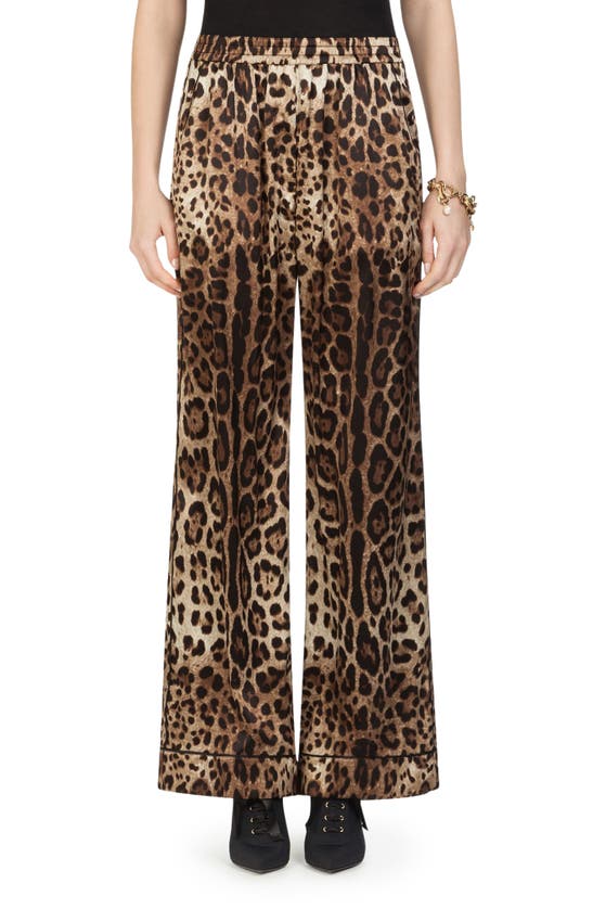 Dolce & Gabbana Leopard Print Wide Leg Stretch Silk Satin Pajama Pants In  Brown | ModeSens