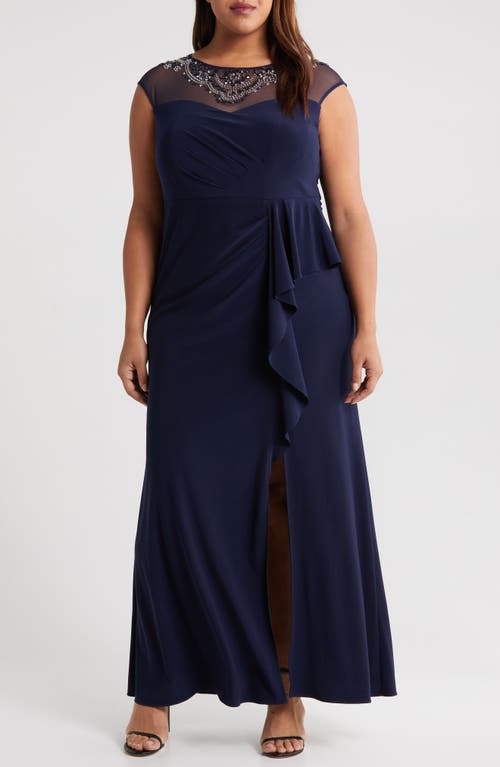 Illusion Neck Cap Sleeve Gown in Navy