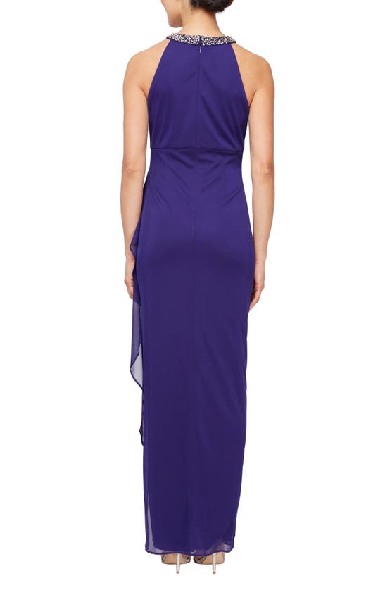 Shop Alex Evenings Embellished Halter Ruched Column Formal Gown In Bright Purple