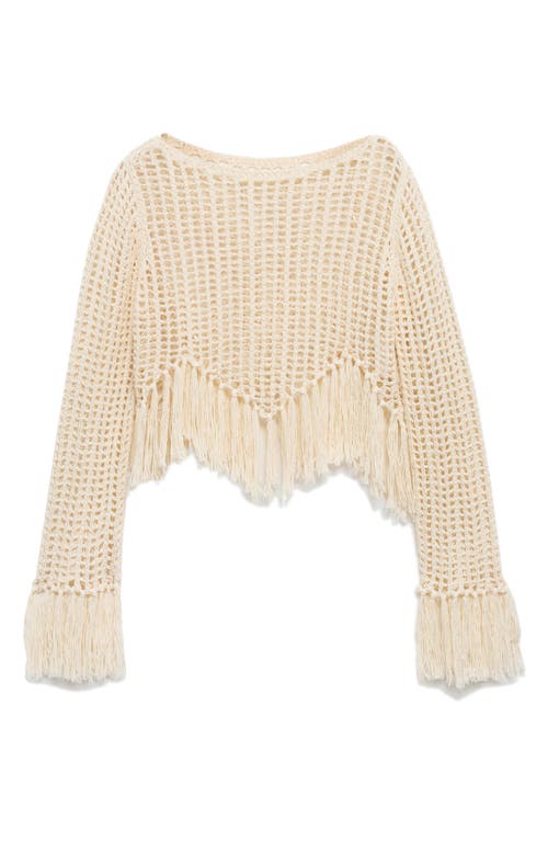 Mango Openwork Crop Fringe Sweater In Ecru