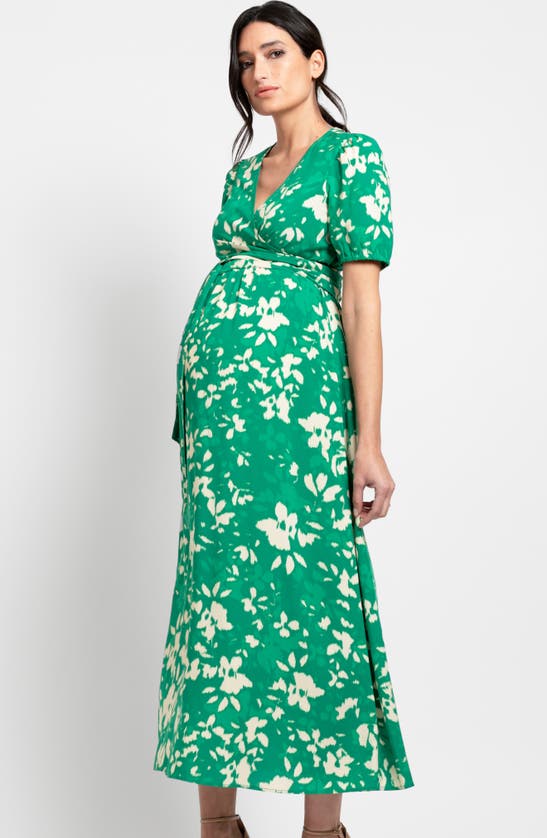 Shop Seraphine Floral Tie Waist Maternity/nursing Midi Dress In Green Print