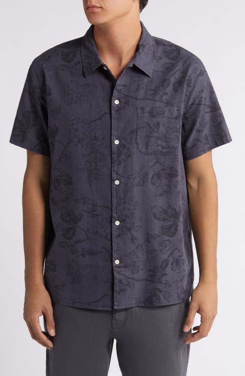 Woodcut Floral Linen & Cotton Camp Shirt in Navy Woodcut Floral