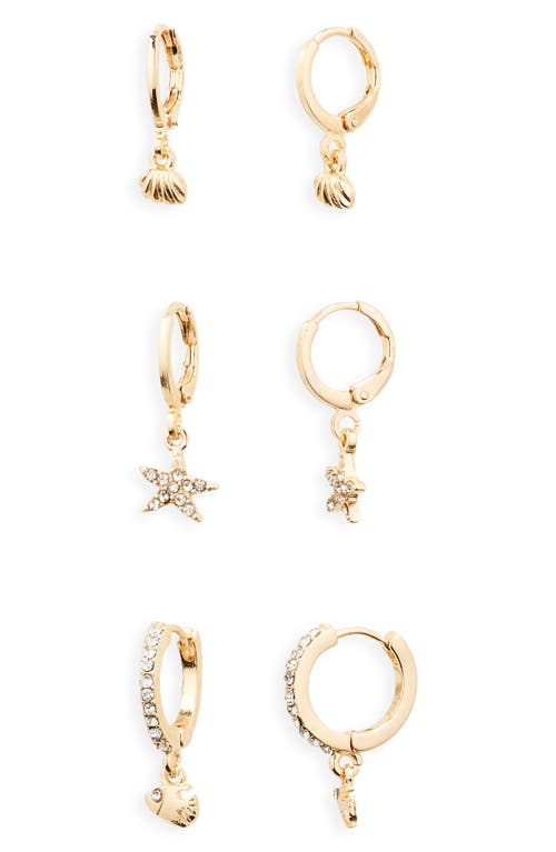 Set of 3 Starfish Huggie Hoop Earrings in Gold- Clear