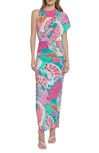 Donna Morgan For Maggy Paisley Maxi Dress In Viridian Green/flamingo Pink