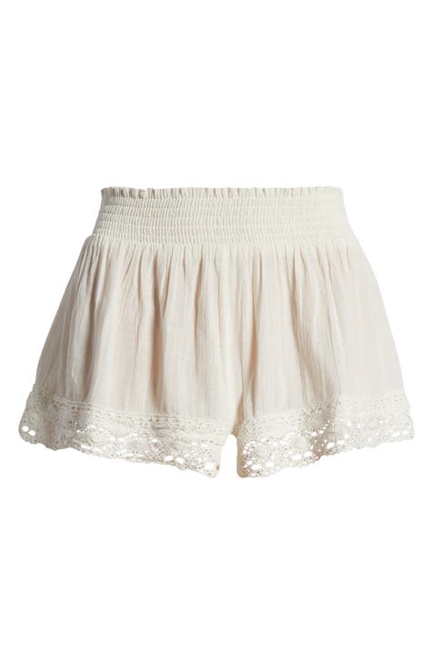 Smocked Waist Lace Hem Cotton Shorts