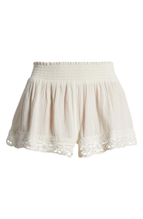 Smocked Waist Lace Hem Cotton Shorts in Ecru