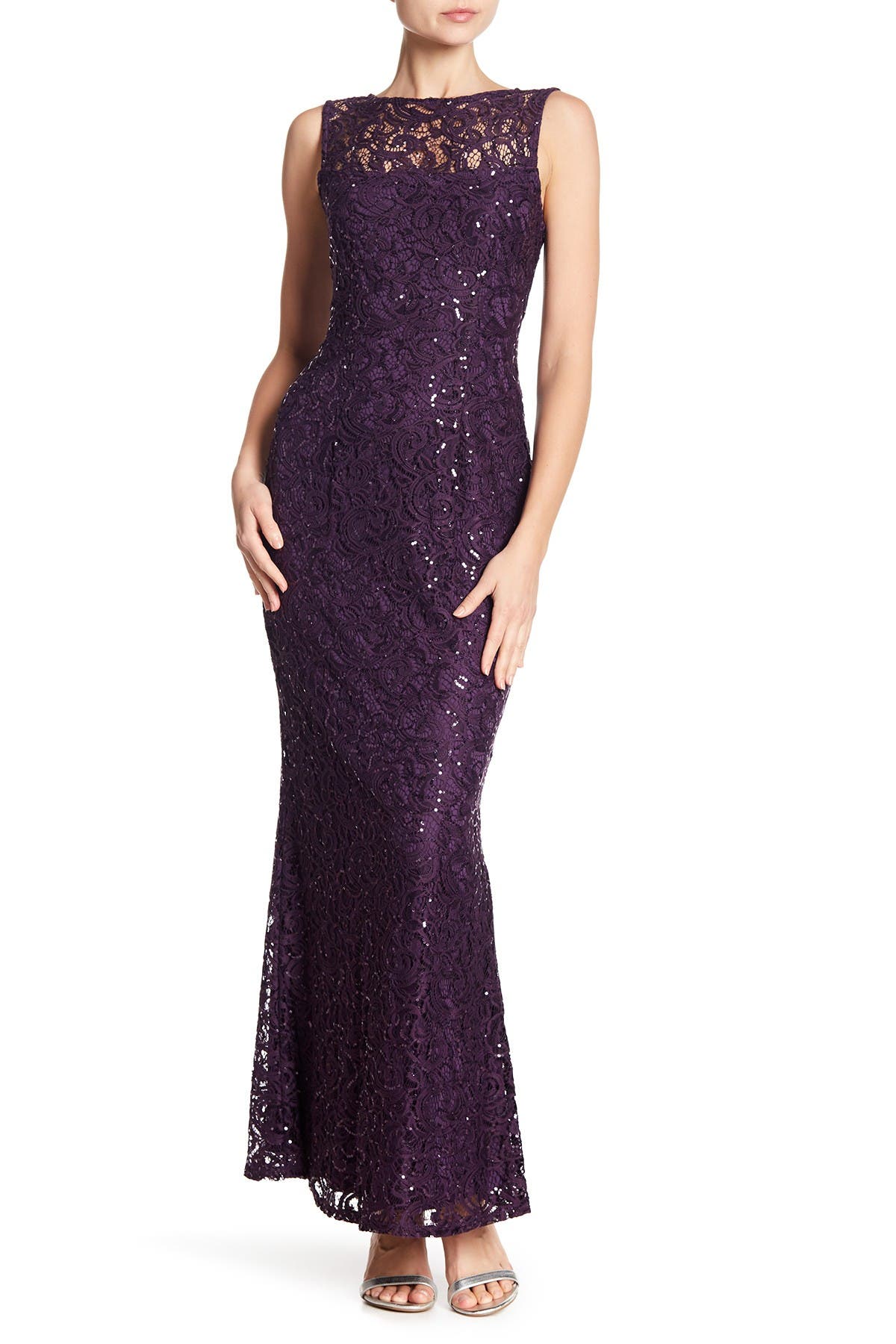 marina sleeveless illusion yoke lace gown