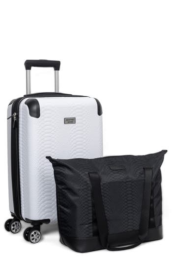 Geoffrey Beene Snakeskin Embossed Tote Bag & Hardside Spinner Suitcase Set In White/black Trim