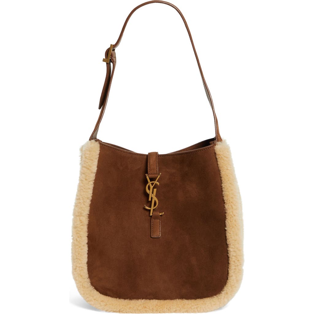Saint Laurent Small Le 5 À 7 Genuine Shearling Hobo Bag In Brown