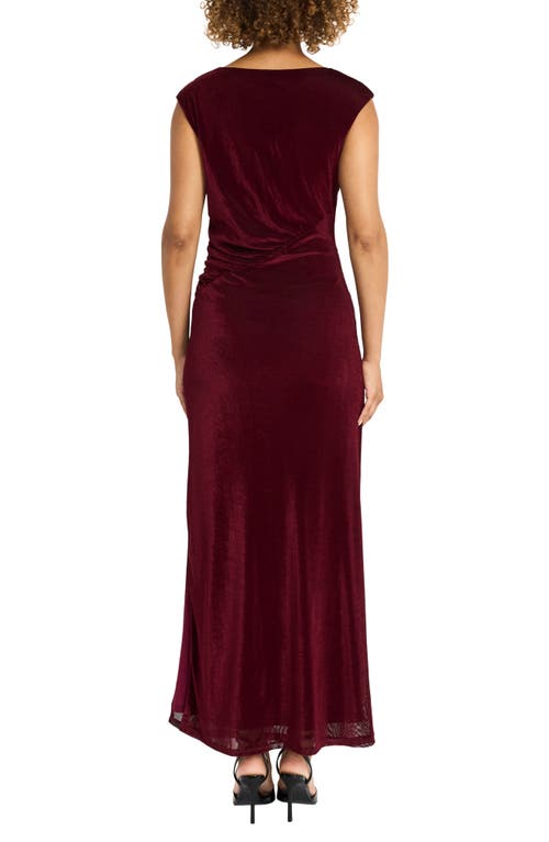 Shop Maggy London Shirred Velvet Gown In Wine Red