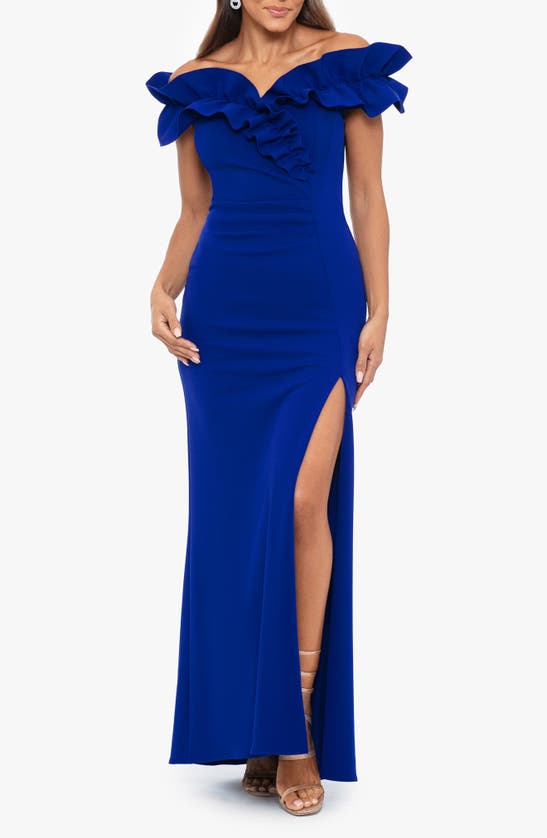 Shop Xscape Evenings Ruffle Off The Shoulder Ruched Gown In Marine