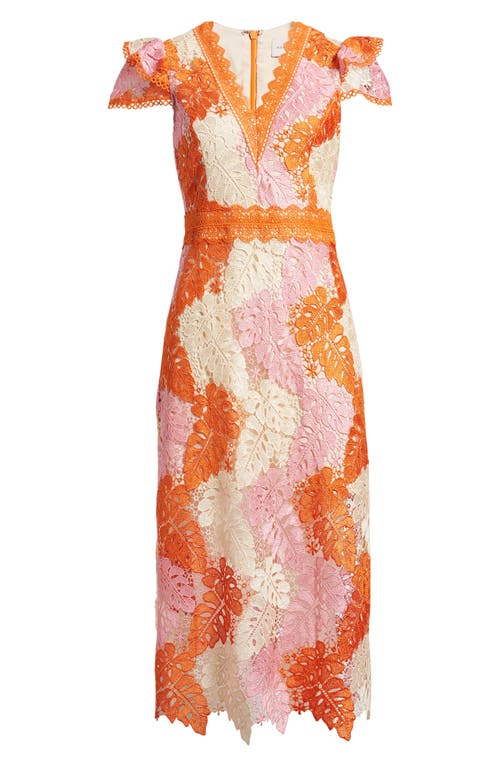 Shop Adelyn Rae Adeline Palm Lace Midi Dress In Orange/pink/cream